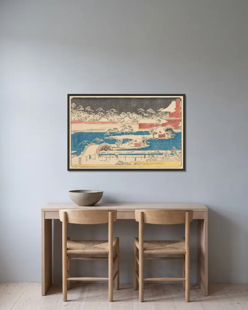 Kameido Temmaugu in Snow av Utagawa Hiroshige inramad på en vägg