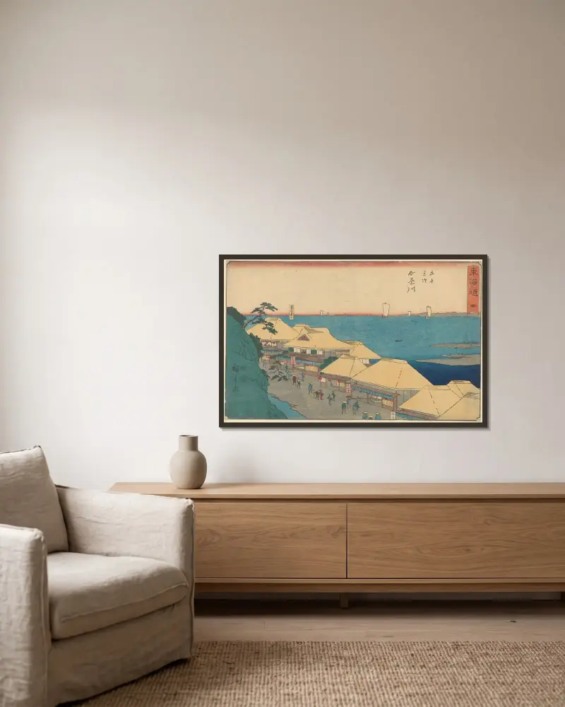 Kanagawa Yedo; House on River av Utagawa Hiroshige inramad på en vägg