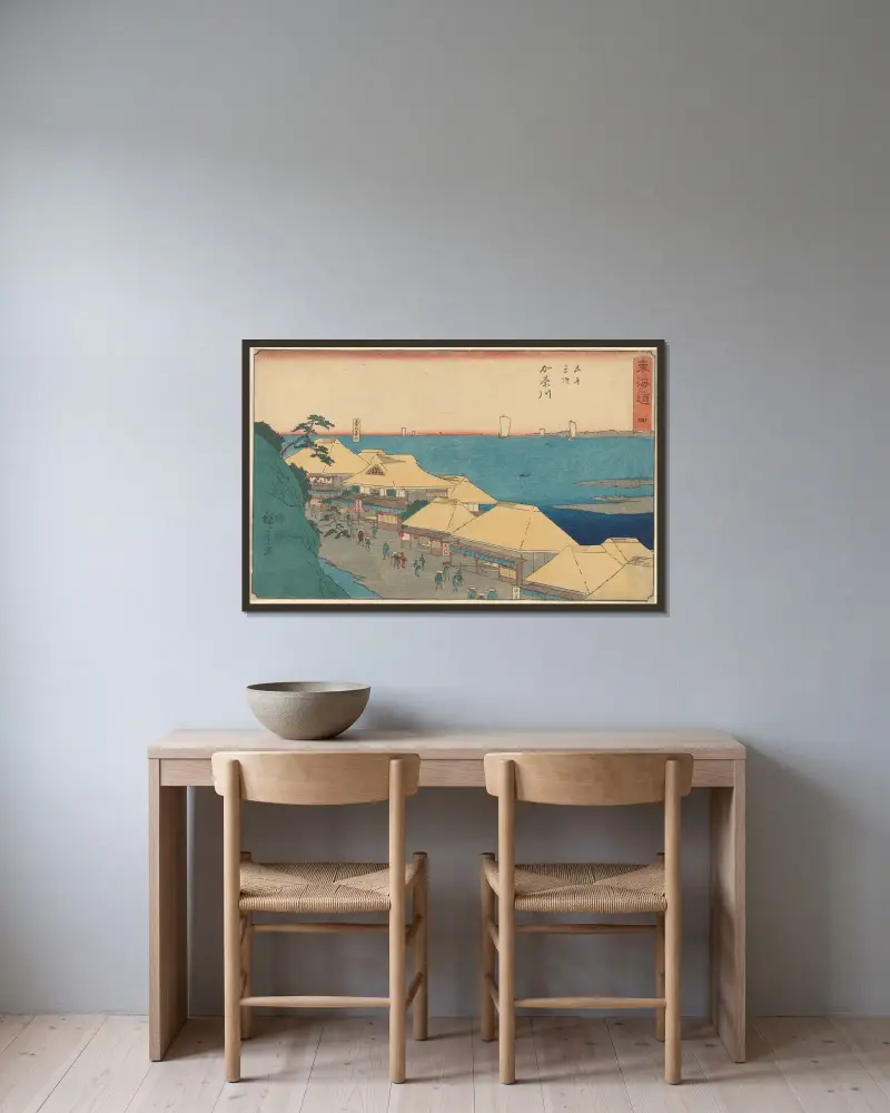 Kanagawa Yedo; House on River av Utagawa Hiroshige inramad på en vägg