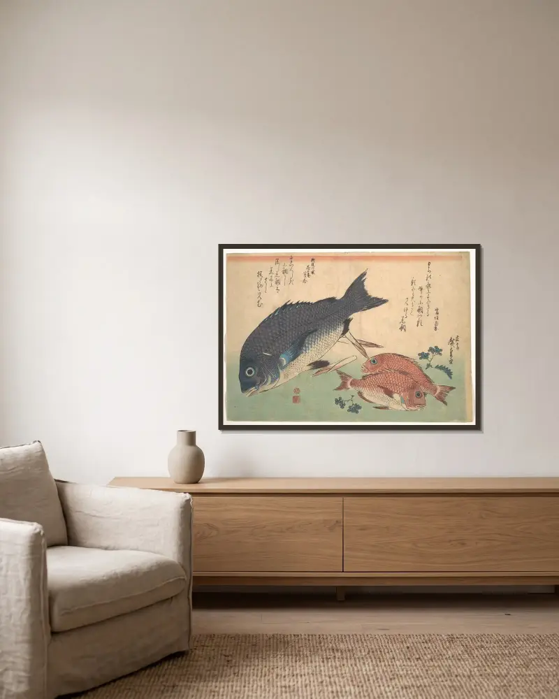 Kurodai and Kodai Fish with Bamboo Shoots and Berries av Utagawa Hiroshige inramad på en vägg