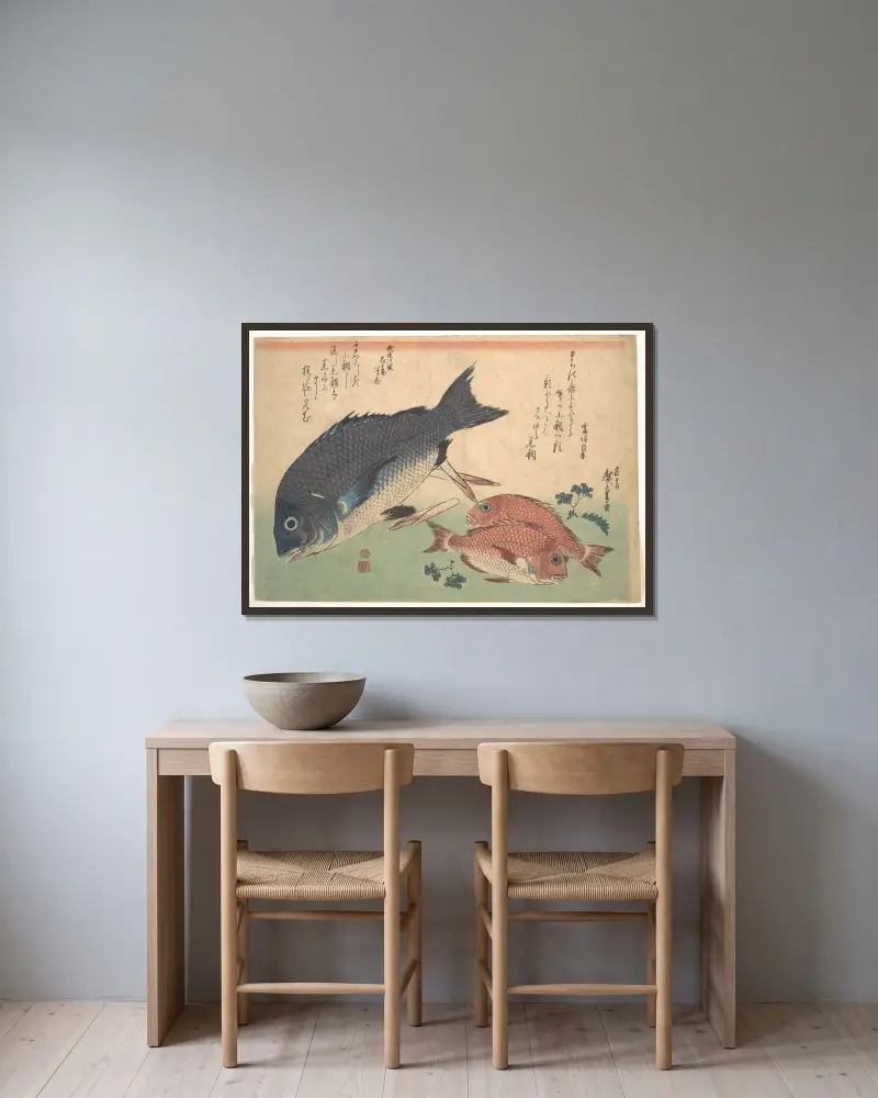 Kurodai and Kodai Fish with Bamboo Shoots and Berries av Utagawa Hiroshige inramad på en vägg