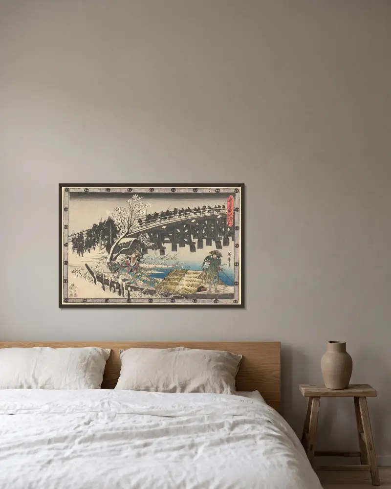 Marsch über die Brücke von Utagawa Hiroshige gerahmt an einer Wand