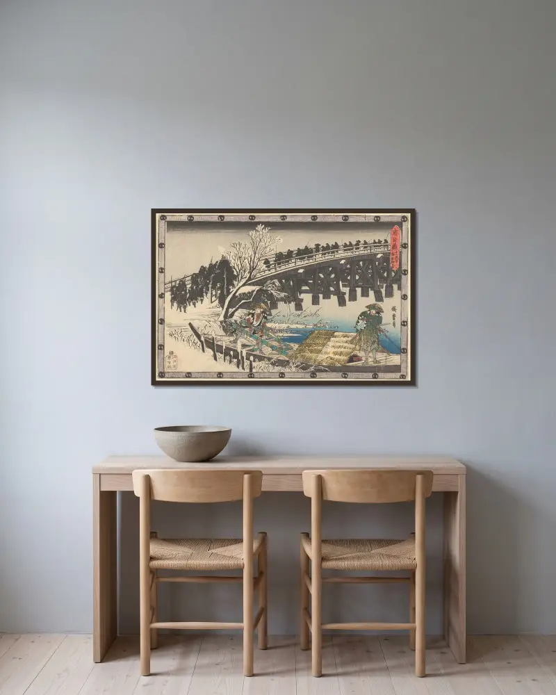 Marsch über die Brücke von Utagawa Hiroshige gerahmt an einer Wand