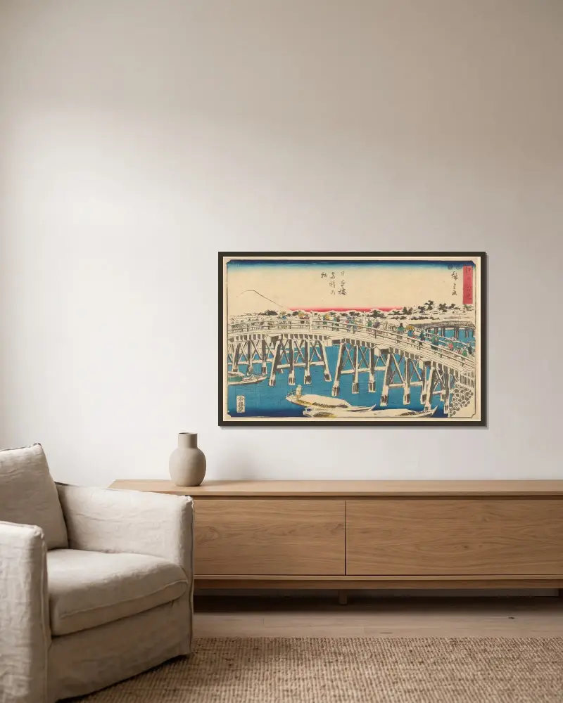 Nihonbashi im Schnee von Utagawa Hiroshige gerahmt an einer Wand