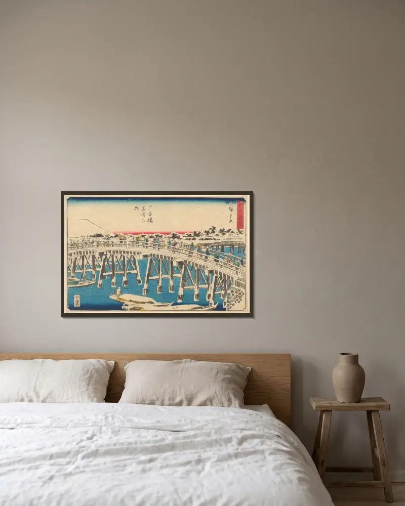 Nihonbashi im Schnee von Utagawa Hiroshige gerahmt an einer Wand