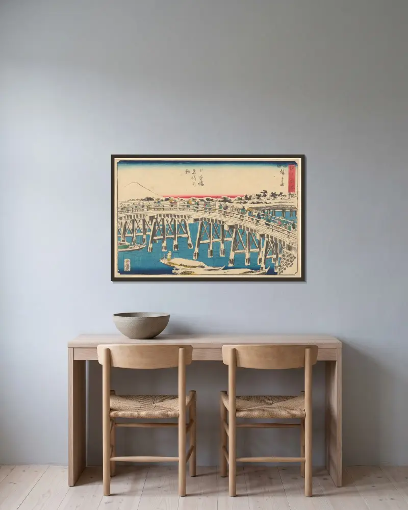 Nihonbashi im Schnee von Utagawa Hiroshige gerahmt an einer Wand