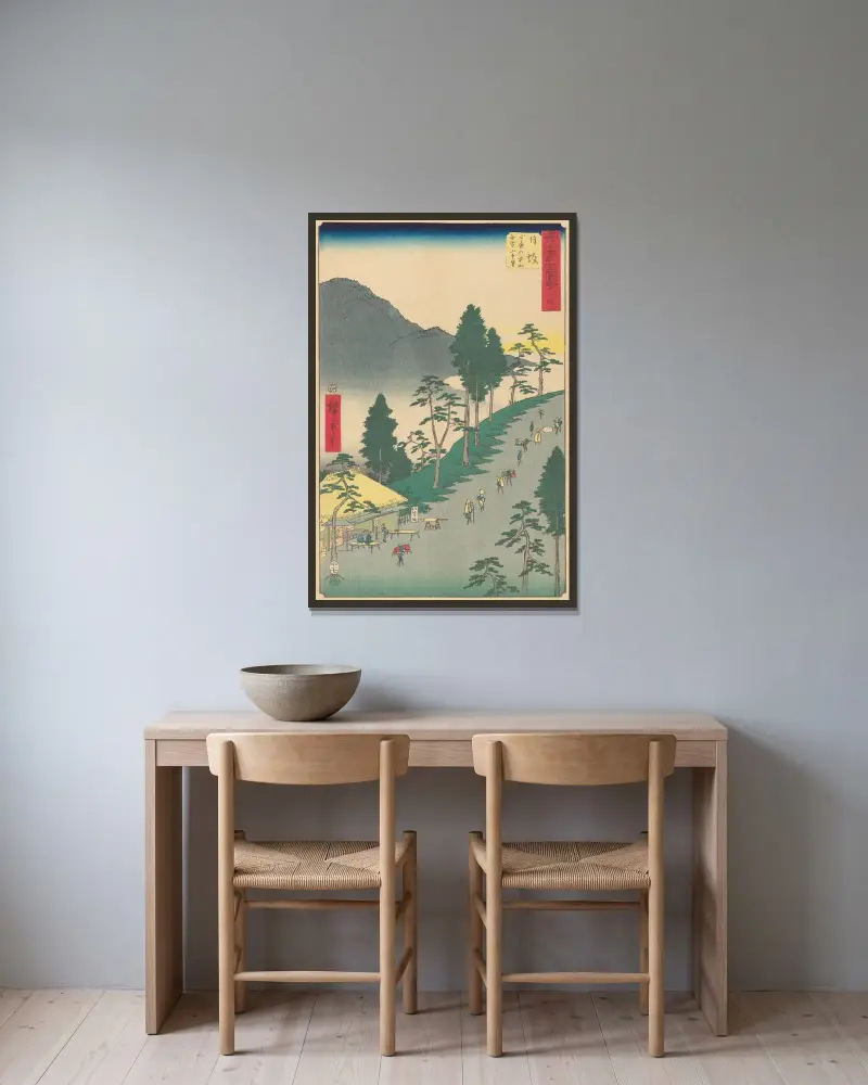 Nissaka, 1855 von Utagawa Hiroshige gerahmt an einer Wand