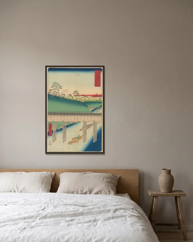 Ochanomizu Bridge av Utagawa Hiroshige inramad på en vägg