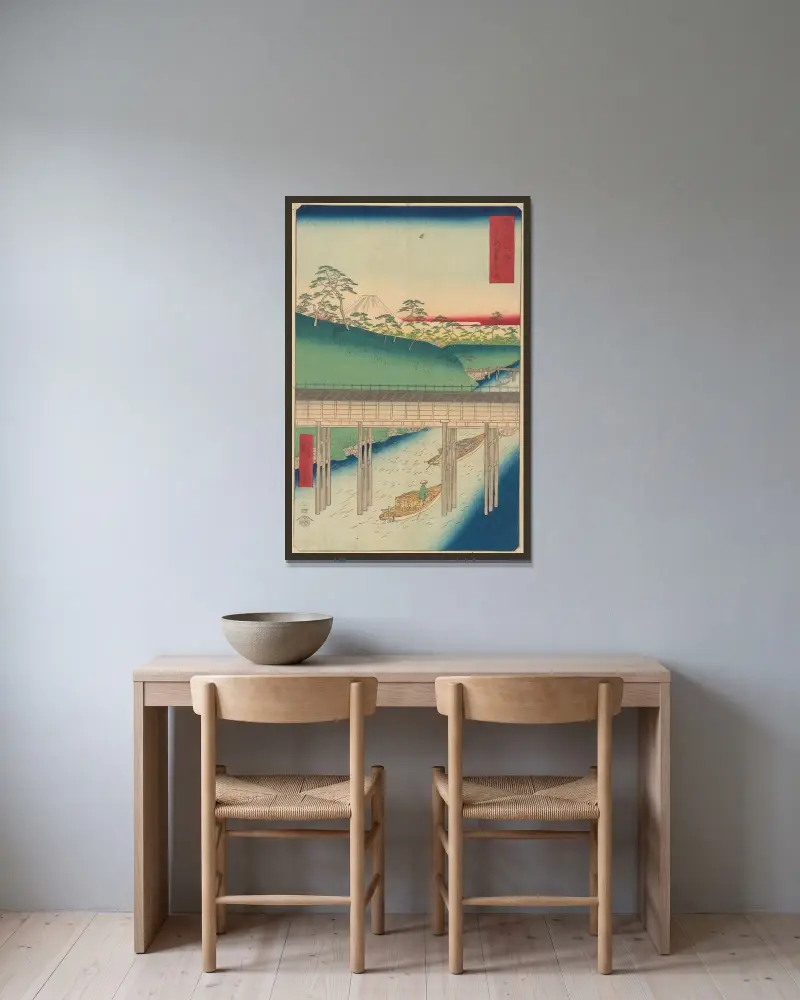 Ochanomizu Bridge av Utagawa Hiroshige inramad på en vägg