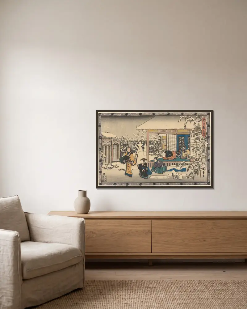 Oishi verlässt das Haus im Schnee von Utagawa Hiroshige gerahmt an einer Wand