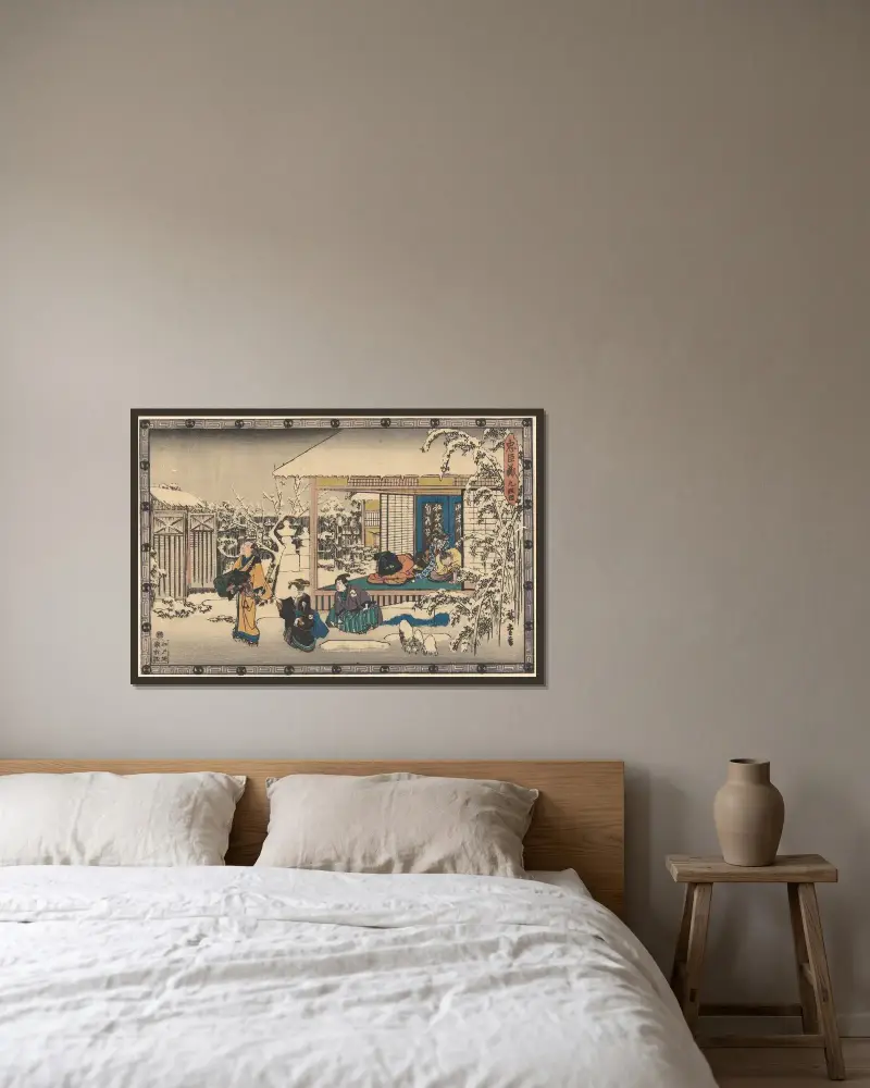 Oishi verlässt das Haus im Schnee von Utagawa Hiroshige gerahmt an einer Wand