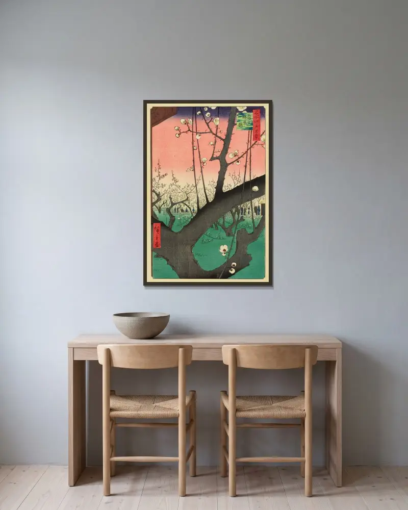 Plum Garden, Kameido av Utagawa Hiroshige inramad på en vägg