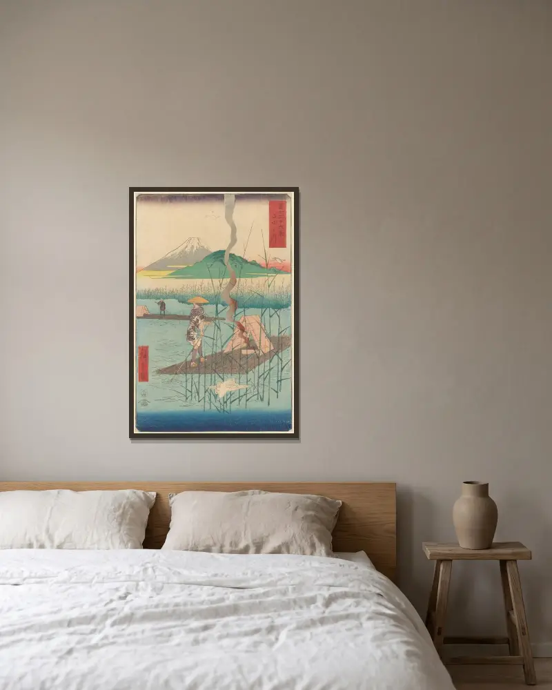 Shoshiyu, Raft among Reeds av Utagawa Hiroshige inramad på en vägg