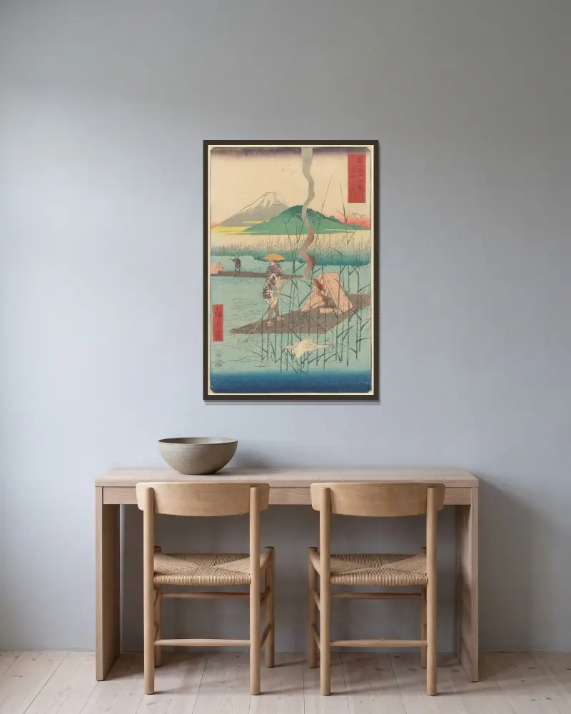 Shoshiyu, Raft among Reeds av Utagawa Hiroshige inramad på en vägg