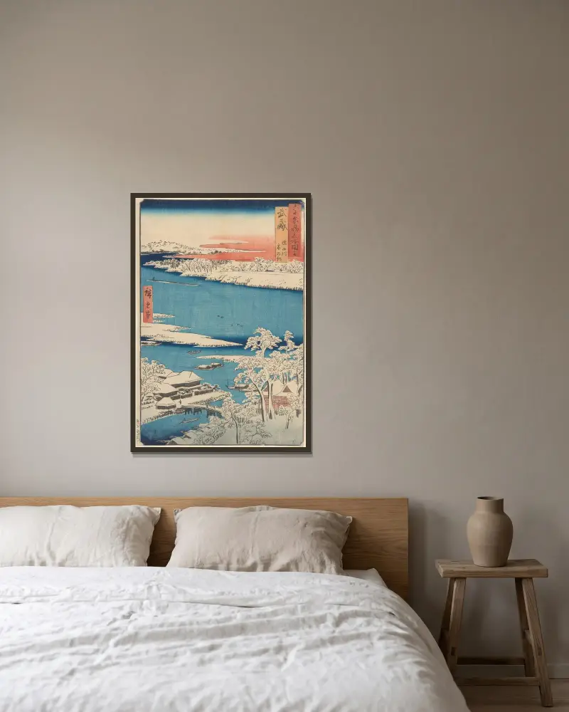 Snow Scene, Islet, River, Shore av Utagawa Hiroshige inramad på en vägg
