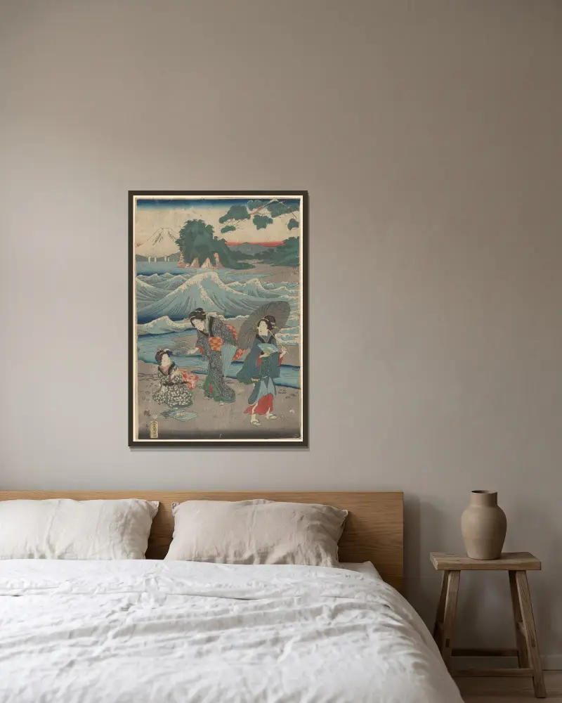 Three Women and Waves av Utagawa Hiroshige inramad på en vägg