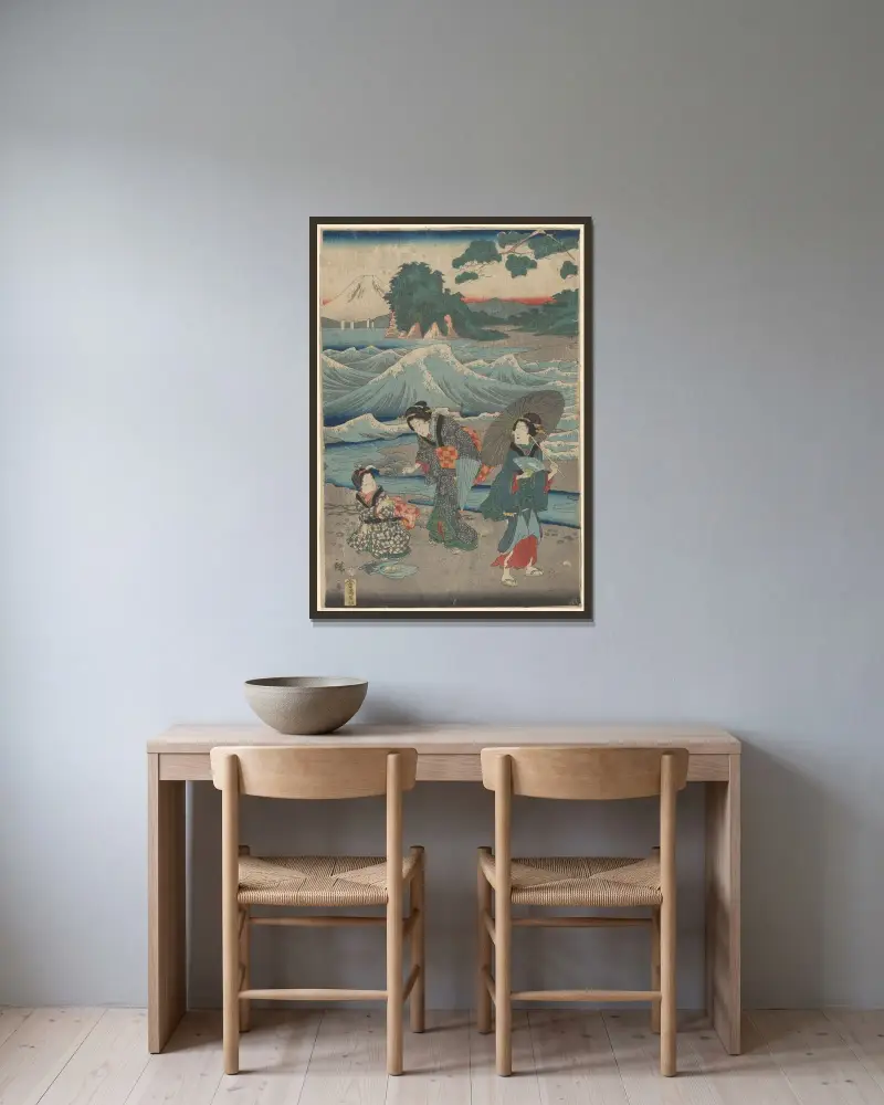 Three Women and Waves av Utagawa Hiroshige inramad på en vägg
