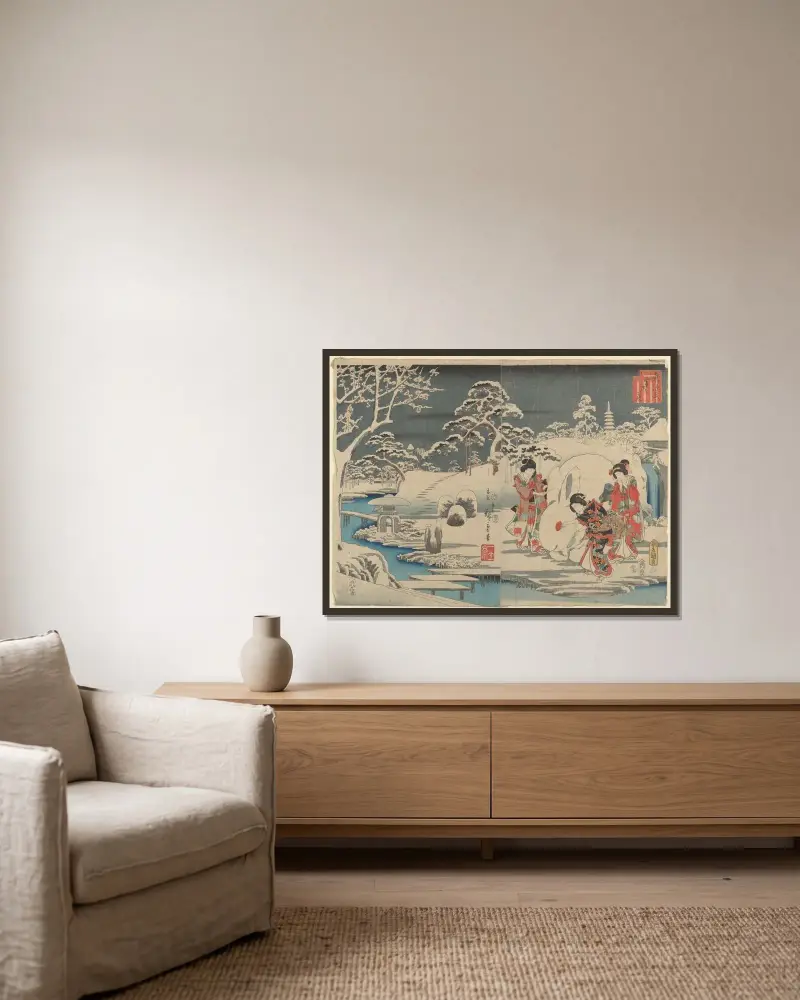 Three Women Making a Snow Rabbit in a Garden av Utagawa Hiroshige inramad på en vägg