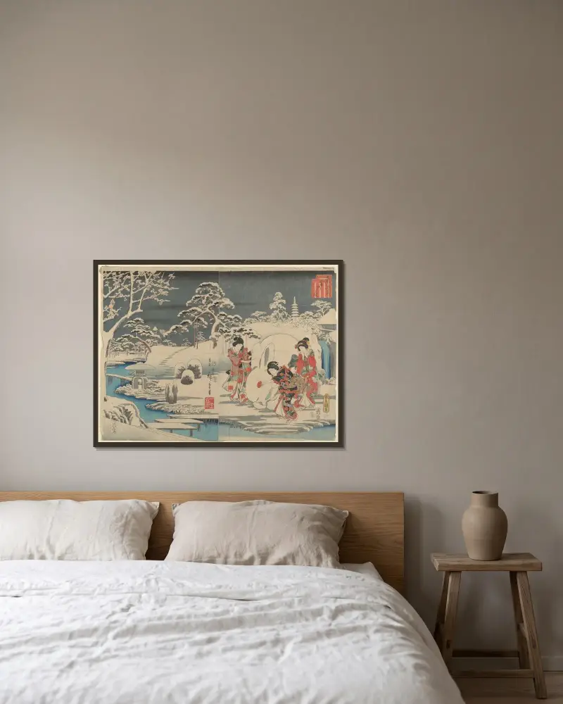 Three Women Making a Snow Rabbit in a Garden av Utagawa Hiroshige inramad på en vägg