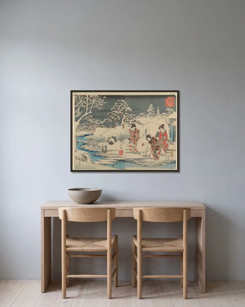 Three Women Making a Snow Rabbit in a Garden av Utagawa Hiroshige inramad på en vägg