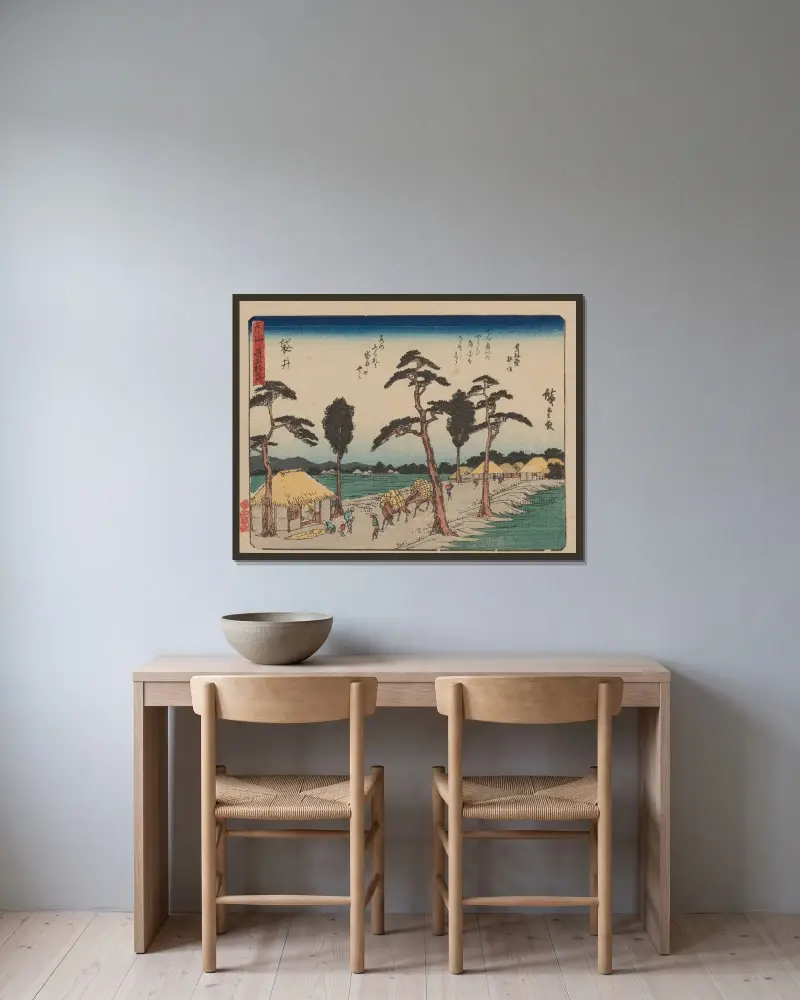Tokaido gojusantsugi, Pl.28 av Utagawa Hiroshige inramad på en vägg