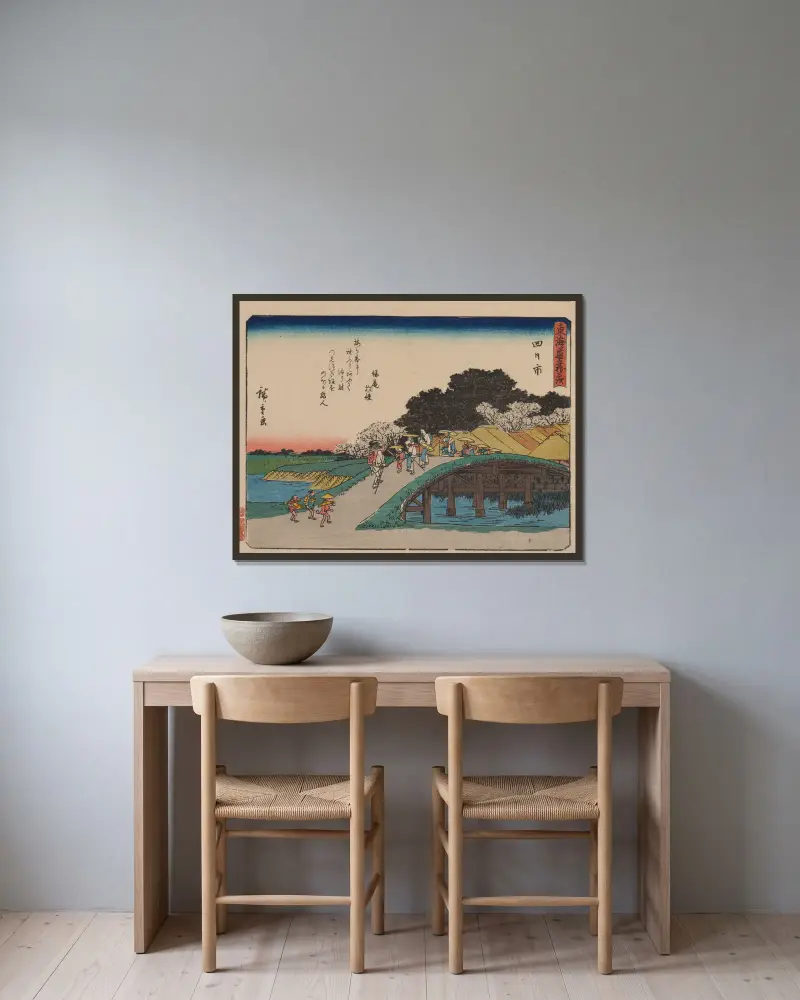Tokaido gojusantsugi, Pl.44 av Utagawa Hiroshige inramad på en vägg