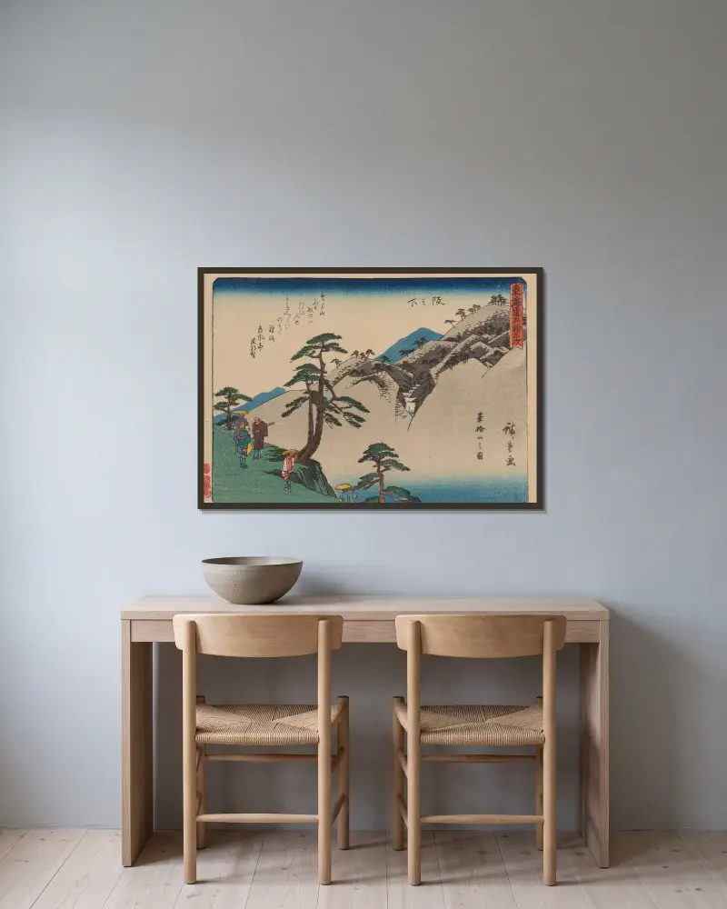 Tokaido gojusantsugi, Pl.49 av Utagawa Hiroshige inramad på en vägg