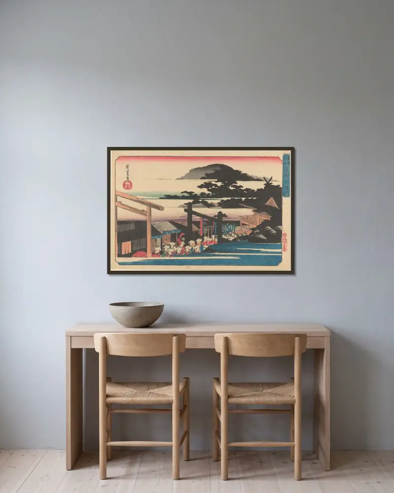 Toto Meisho Shiba Shimei av Utagawa Hiroshige inramad på en vägg