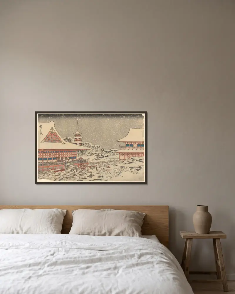 Two Red Pavilions in Snow av Utagawa Hiroshige inramad på en vägg