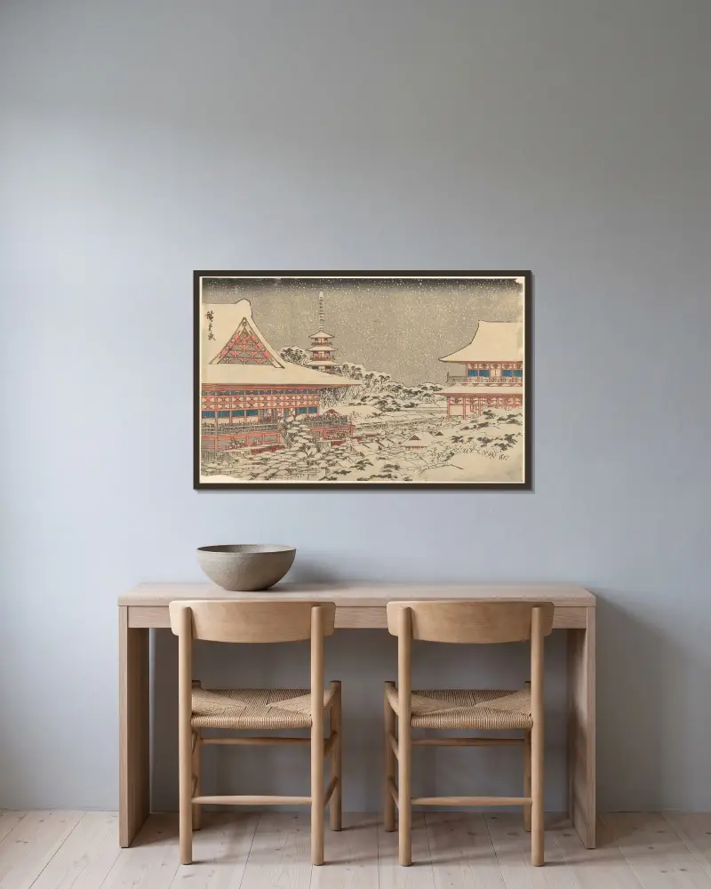 Two Red Pavilions in Snow av Utagawa Hiroshige inramad på en vägg