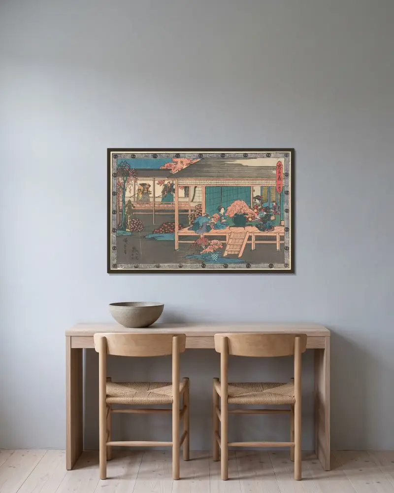 Two Ronin Looking into Yoshiwara av Utagawa Hiroshige inramad på en vägg