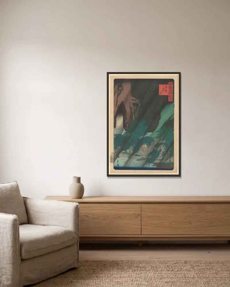 Pohled v dešti, Utagawa Hiroshige v rámu na stěně
