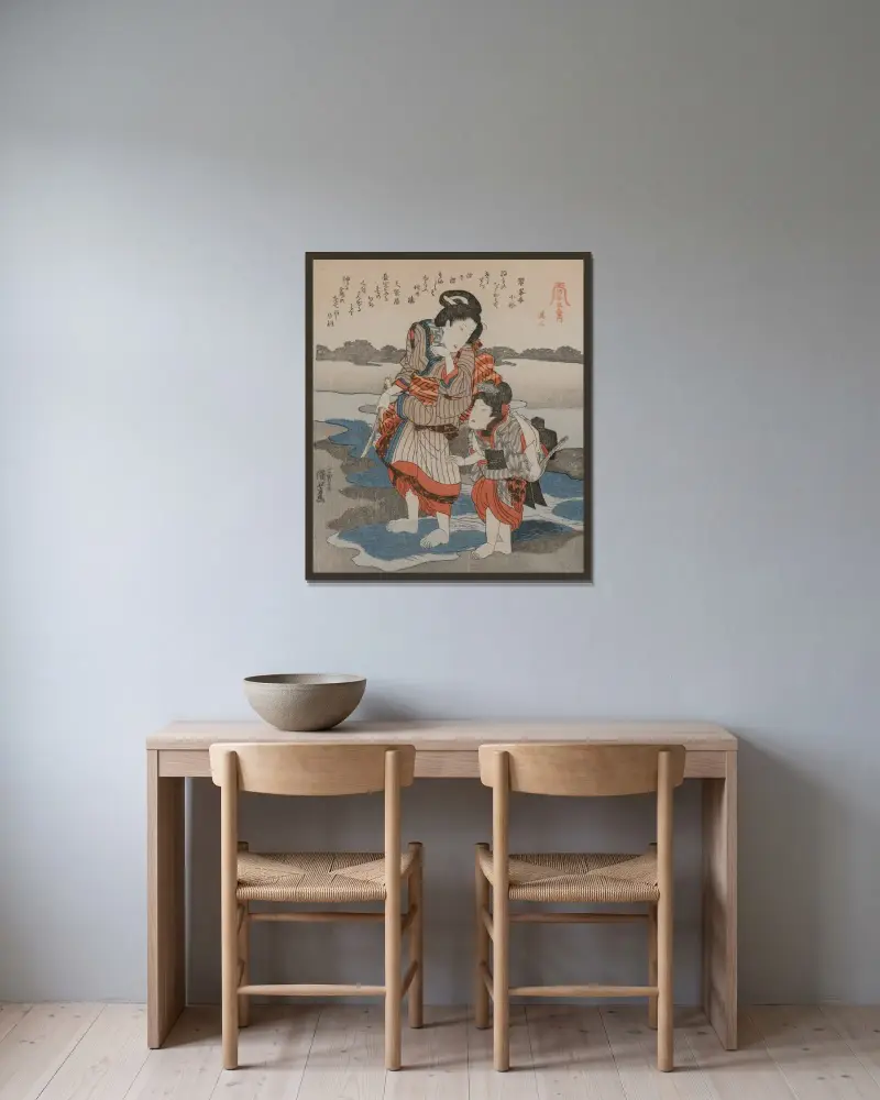 A Low Tide Pentaptych Pl.3 av Utagawa Kuniyoshi inramad på en vägg