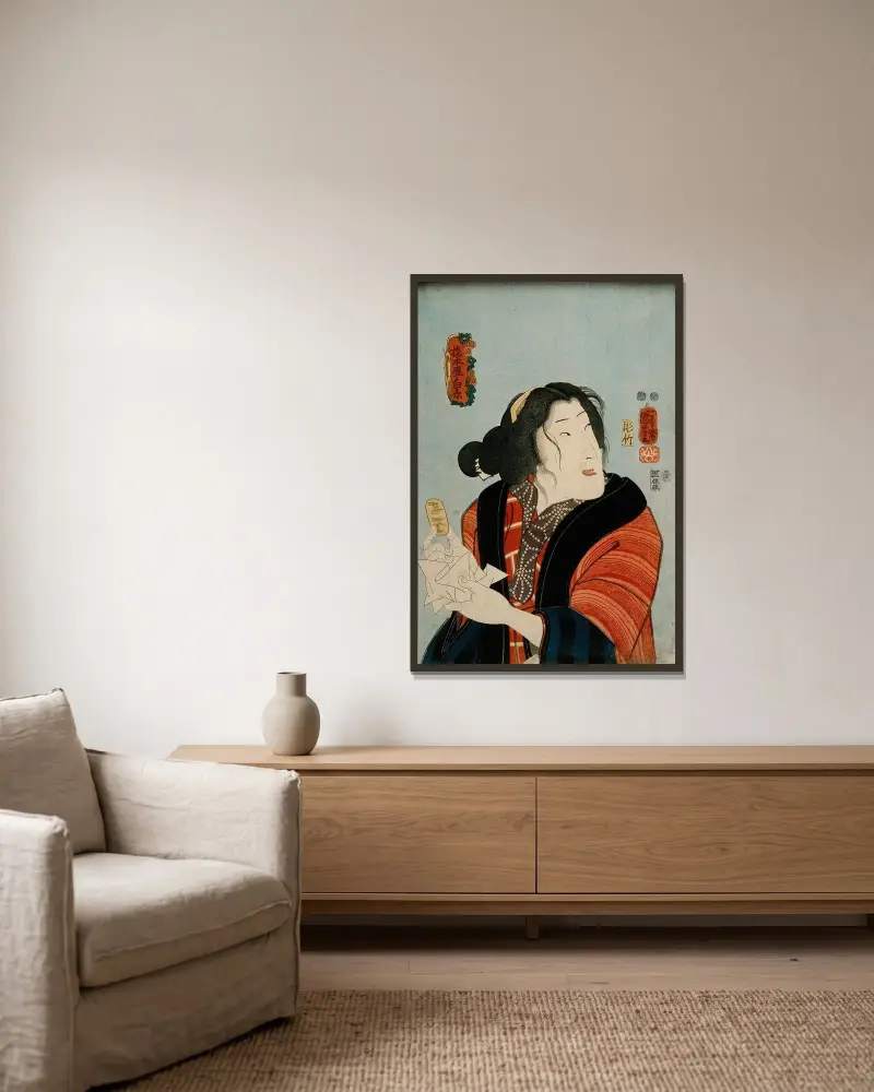 Bandō Shūka as Hashimotoya Shiraito av Utagawa Kuniyoshi inramad på en vägg