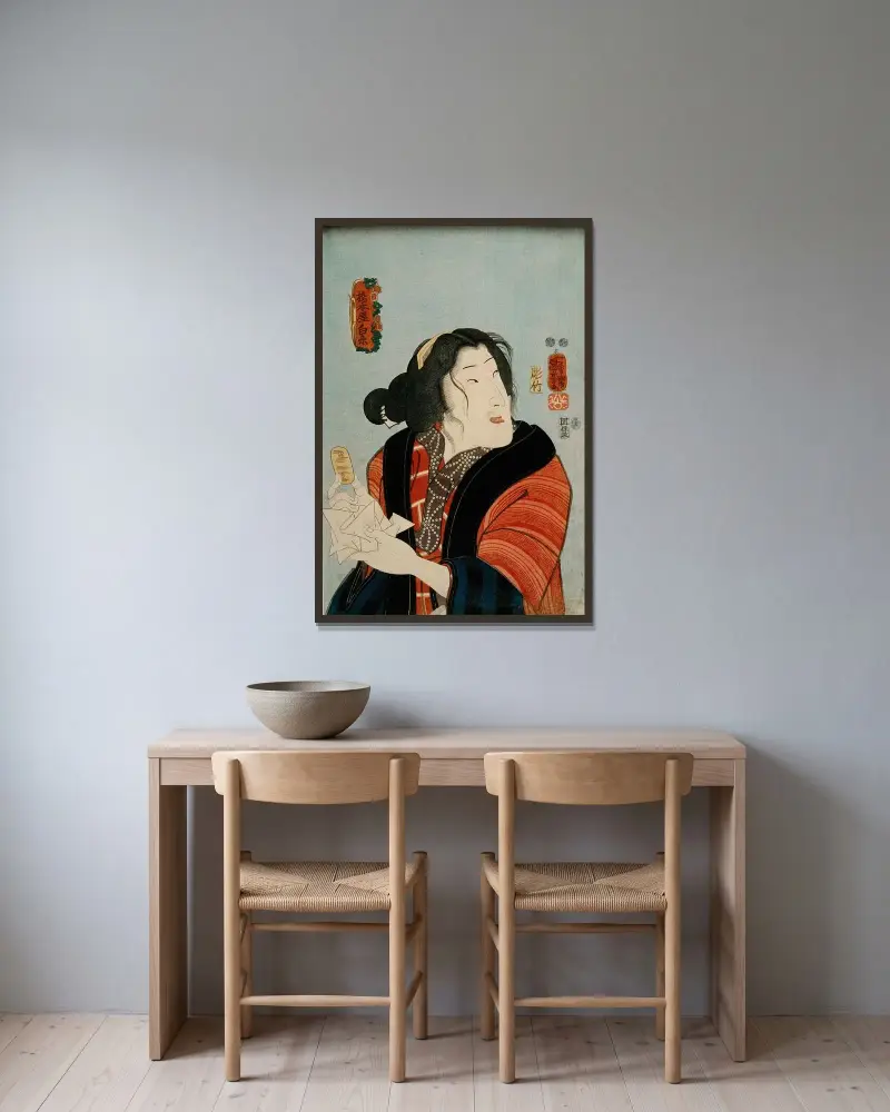 Bandō Shūka as Hashimotoya Shiraito av Utagawa Kuniyoshi inramad på en vägg