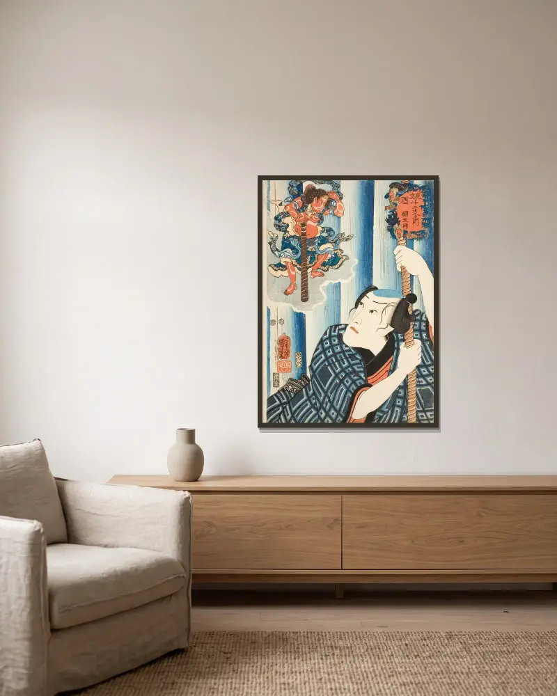 Huhn; Tsunagorō von Utagawa Kuniyoshi gerahmt an einer Wand