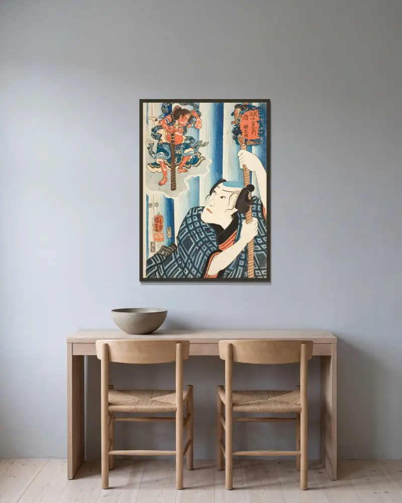 Huhn; Tsunagorō von Utagawa Kuniyoshi gerahmt an einer Wand