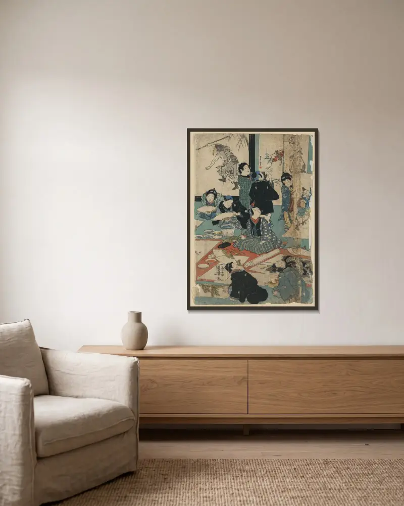 E o narau kodomo tachi av Utagawa Kuniyoshi inramad på en vägg
