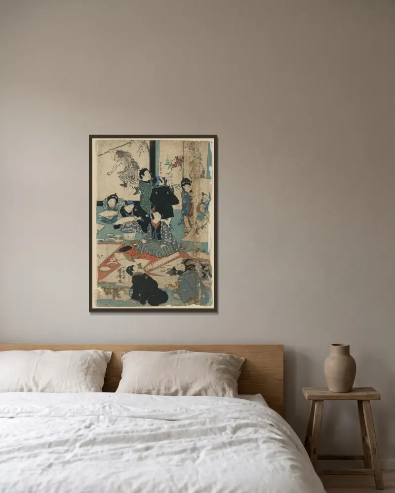 E o narau kodomo tachi av Utagawa Kuniyoshi inramad på en vägg