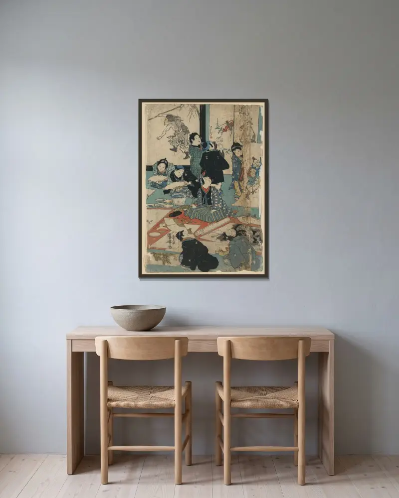 E o narau kodomo tachi av Utagawa Kuniyoshi inramad på en vägg