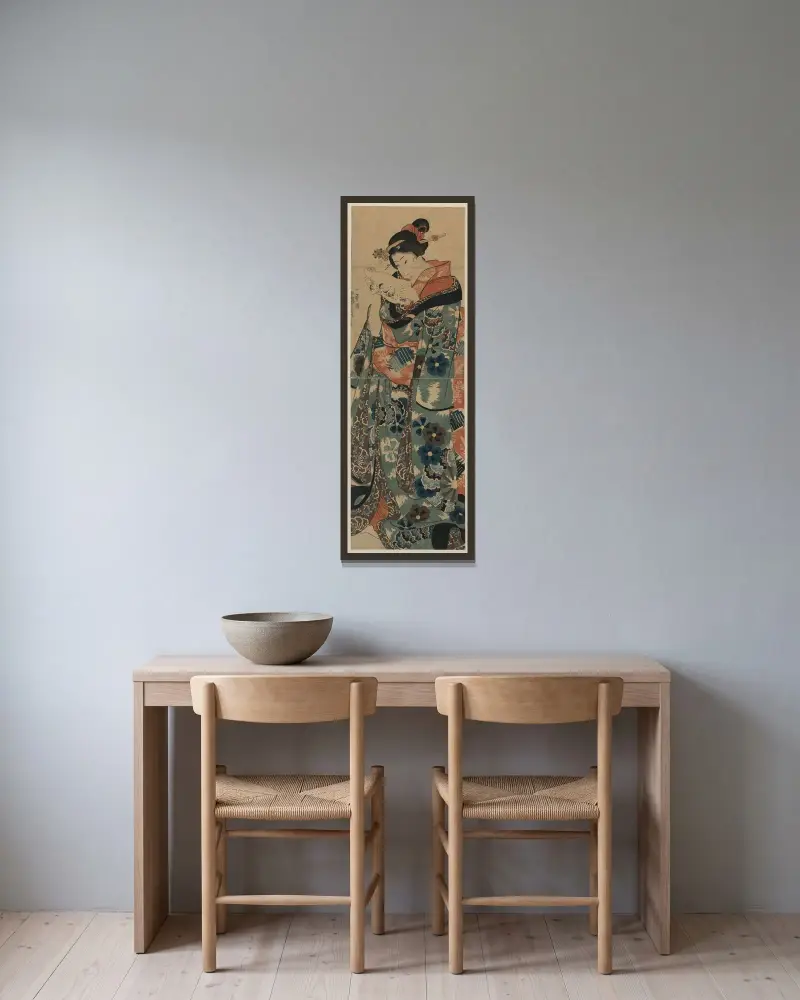 Fumi yomu musume av Utagawa Kuniyoshi inramad på en vägg