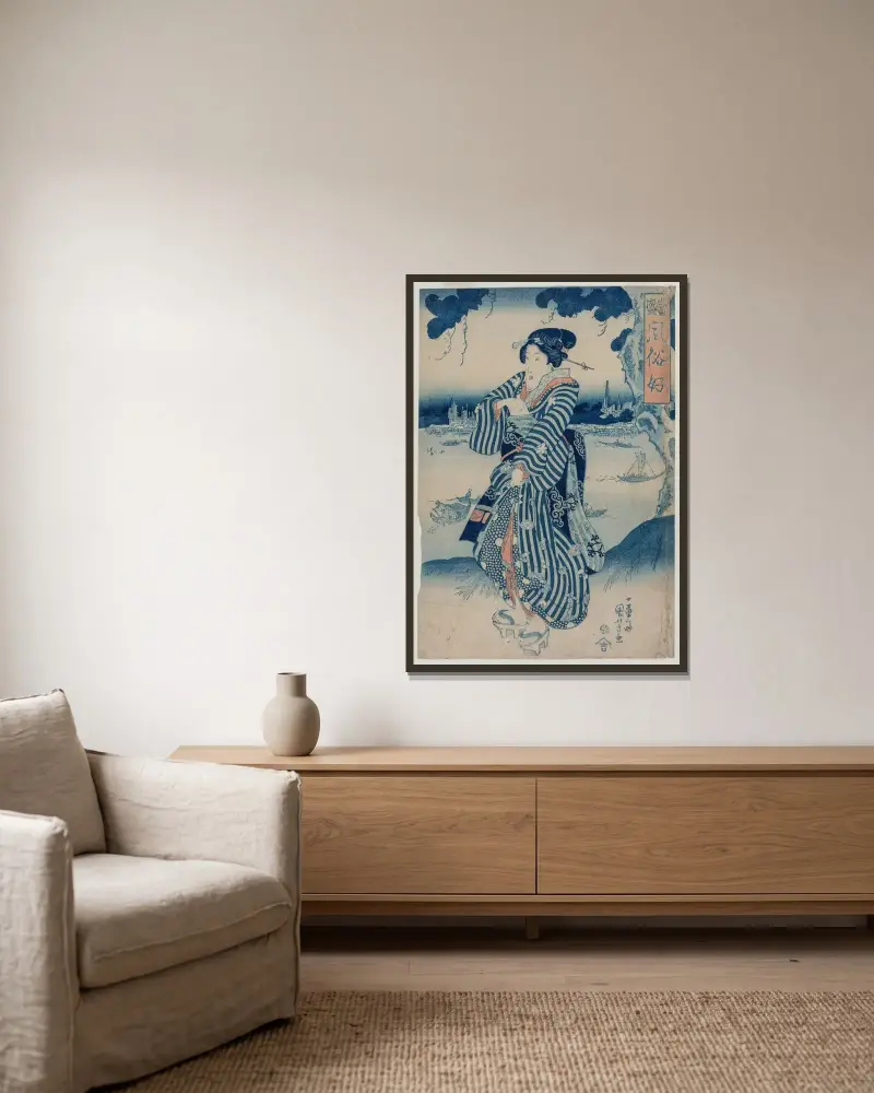 Geisha am Ufer des Sumida-Flusses von Utagawa Kuniyoshi gerahmt an einer Wand