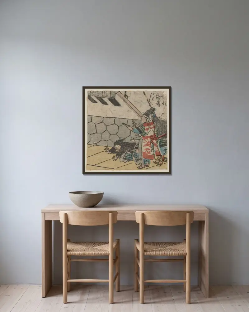 Hyōshigi o utsu bushi av Utagawa Kuniyoshi inramad på en vägg