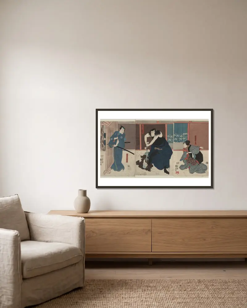 Igami no Gonta, hans hustru Kosen och Kokingo av Utagawa Kuniyoshi inramad på en vägg