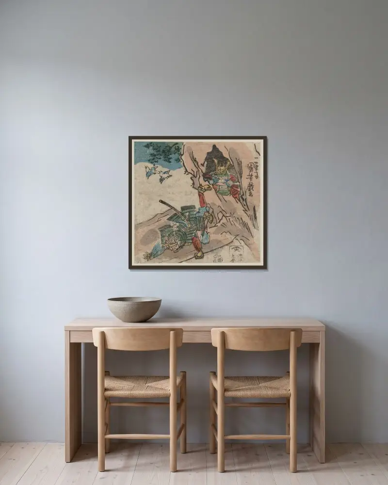 Ishibashi yama av Utagawa Kuniyoshi inramad på en vägg