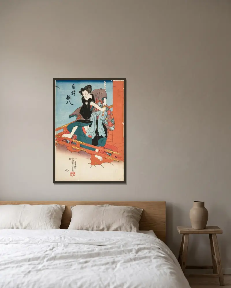 Iwai Hanshirō V som Shirai Gonpachi av Utagawa Kuniyoshi inramad på en vägg
