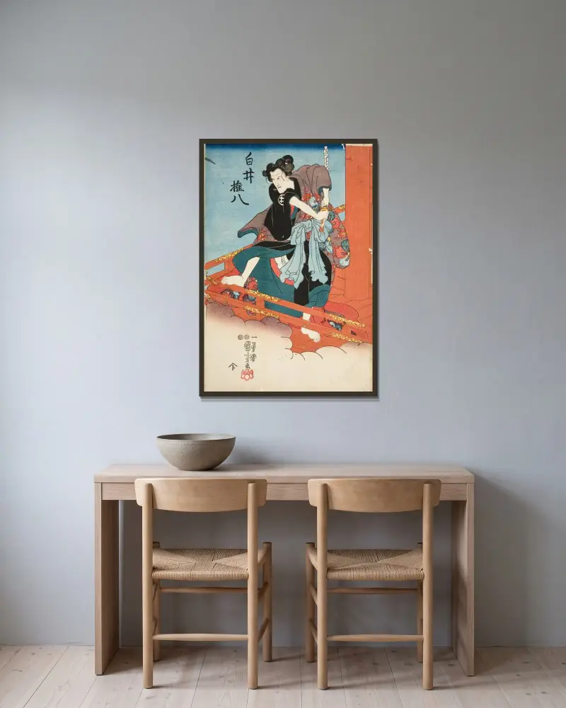 Iwai Hanshirō V som Shirai Gonpachi av Utagawa Kuniyoshi inramad på en vägg