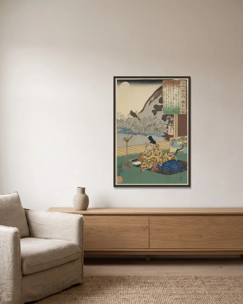 Kakinomoto no hitomaro av Utagawa Kuniyoshi inramad på en vägg