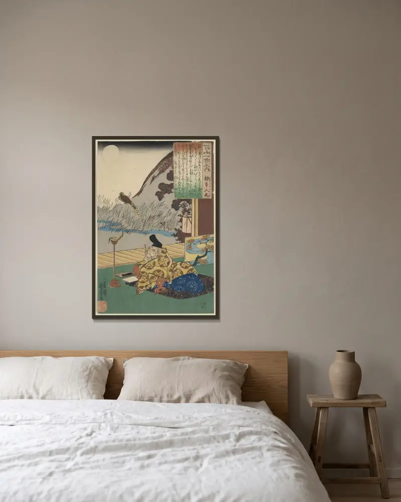 Kakinomoto no hitomaro av Utagawa Kuniyoshi inramad på en vägg