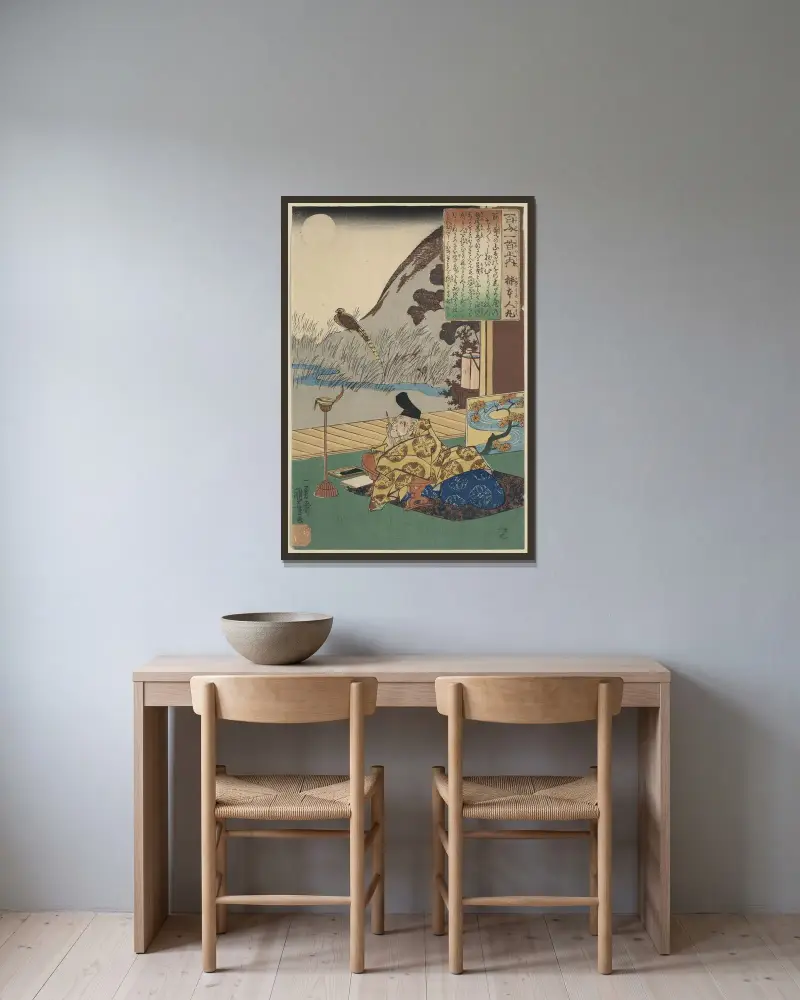 Kakinomoto no hitomaro av Utagawa Kuniyoshi inramad på en vägg